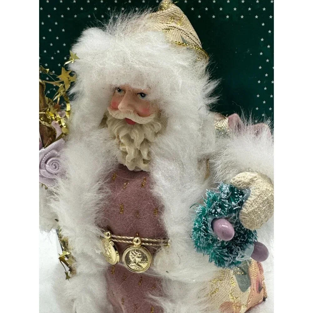 Vintage NOS Trim At Home Santa Claus Christmas Tree Topper Pink White Gold
